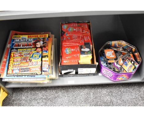 Two mixed size boxes and a tin of 21st century Topps Match Attax Trading Cards and Skylander Cards, in five albums and loose 