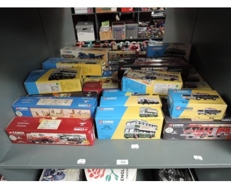 A shelf of Corgi Limited Edition Classics diecasts including Buses, Trucks, Police Cars and Wagons, all boxed 31 in total