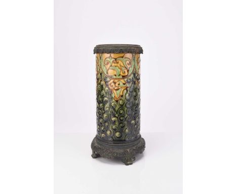 A French Choisy-Le-Roi majolica oil lamp base, late 19th century, of cylindrical form with metal mounts including raised feet