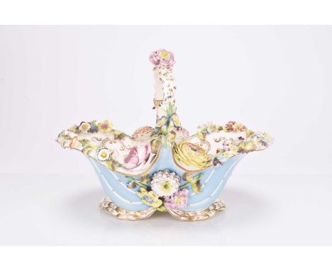 A Coalport Coalbrookdale basket, circa 1820-25, with a single central overhead handle encrusted with flowers, painted to the 