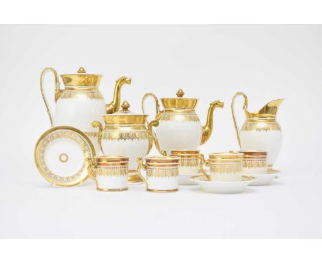 * An Empire-style French porcelain coffee service, 19th century, plain white with bands of gilt lines, dots and swags, the cu
