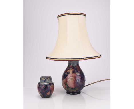 A contemporary Moorcroft baluster table lamp and a matching ginger jar and cover, both in the 'Finches' (blue) pattern, lamp 