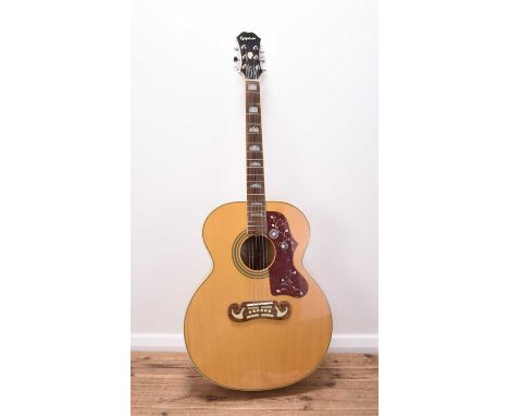 A Gibson Epiphone EJ-200 acoustic guitarTop: Natural spruce, 7-ply bindings, inlaid soundhole, patterned scratchplateBack and