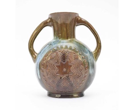 Christopher Dresser for Linthorpe Art Pottery - A moon flask, circa 1885, mottled green and brown glaze, modelled in relief w