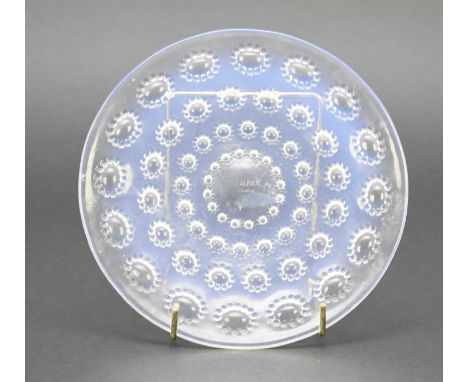 A small Rene Lalique 'Asters' dish or plate, circa 1935, clear glass with faint blue opalescence, stencilled R.LALIQUE FRANCE