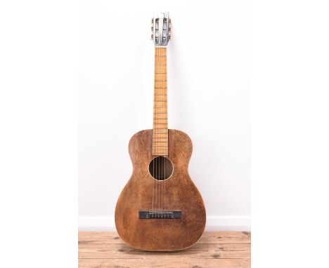 A Hawaiian Club steel string acoustic parlour guitar, late 1930sTop: Mahogany with ivorine bindingsBack and sides: Mahogany, 
