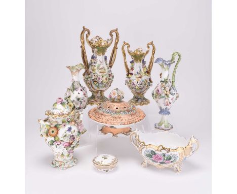 An assorted group of English floral and other encrusted rococo porcelain, circa 1830s and later, comprising two Samuel Alcock