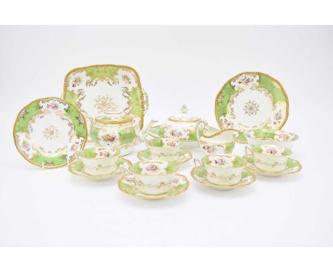 A Coalport green batwing tea service, early 20th century, comprising twelve teacups, twelve saucers, twelve sideplates, teapo