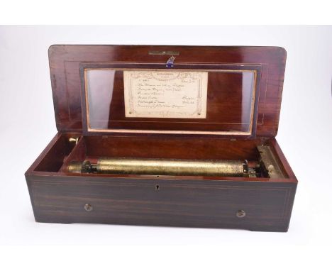 A Nicole Freres inlaid rosewood music boxWith six airs.56cm wide x 23cm deep x 14cm high (control levers at fault)Condition:C