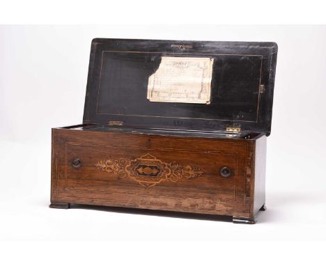 A late 19th century Swiss inlaid rosewood music boxThe case inlaid with marquetry flowers and foliage, the movement playing t