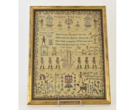 A George III needlework sampler of maritime interest, circa 1805By Maria Thorneycroft, aged 14, worked in three panels, the t