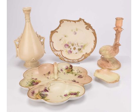 A group of Royal Worcester blush ivory, comprising a scalloped dessert dish, late 19th/early 20th century, painted with flowe