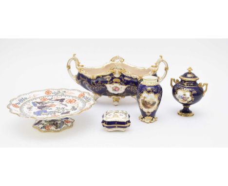 A small group of Coalport, late 19th and early 20th century, comprising a twin-handled vase and cover painted with a panel of