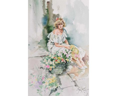 ARR Gordon King (1939-2022) A Lady in a White Dress holding Straw Hat beside a pot of spring flowers, signed lower right, wat