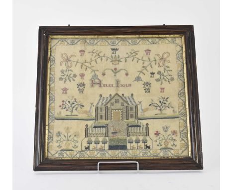 A George III needlework sampler, circa 1810By Helen Ingles, worked with a country house or cottage with fenced garden surroun