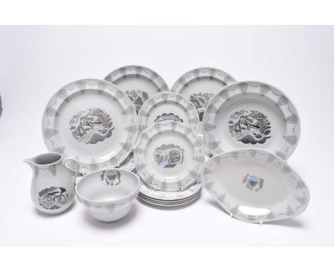 Eric Ravilious (1903-1942) for Wedgwood, a 'Travel' part dinner / tea service, comprising six medium dinner plates, 23cm diam