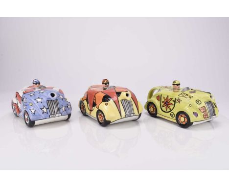 Three Lorna Bailey limited edition novelty teapots in the form of racing cars, made under license from Sadler Pottery, each n