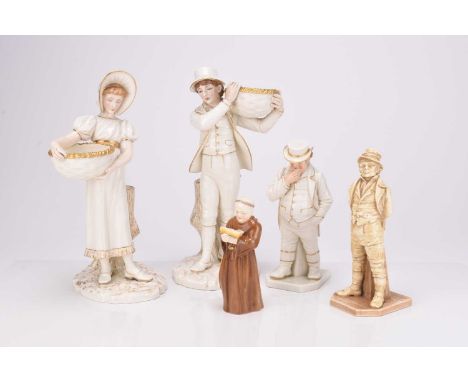 A group of late 19th century Royal Worcester figures, comprising a pair of 'Kate Greenaway' style figures holding baskets, wi