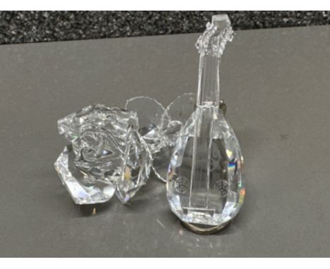 2x Swarovski Crystal ornaments - Rose flower &amp; Lute on stand