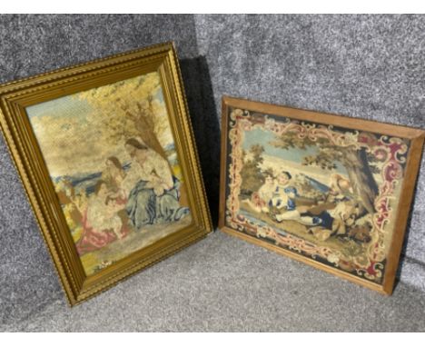 2x framed (1 in gilt) tapestries - lute player &amp; family themed - 78x61.5cm - 57x69cm