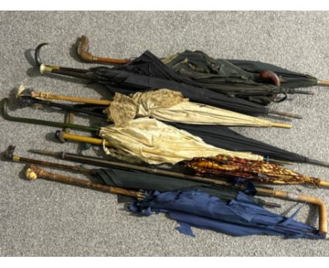 Total of 10 vintage (some older) parasol/umbrellas, some with silver &amp; gold plated rings, various carved handles