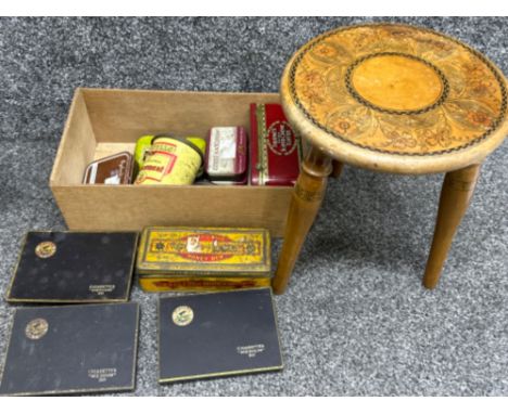 Vintage wooden 3 legged stool together with miscellaneous cigarette, tobacco &amp; toffee tins