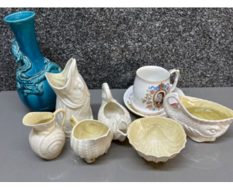 3x pieces of vintage shell shaped Belleek, together oriental blue foo dragon vase &amp; commemorative cup &amp; saucer etc