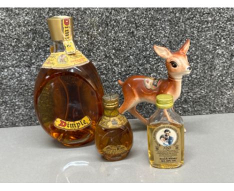 2x bottles of Dimple old blended scotch Whisky (large &amp; small sizes) together with a miniature 1981 commemorative bottle 