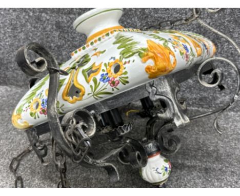 1920-1940s rustic style Chandelier made from wrought iron and ceramic with beautiful floral motifs