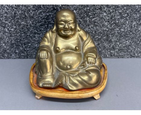 Vintage heavy brass Buddha on wooden base