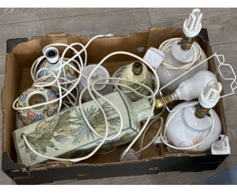 Box containing Indian tree table lamp, studio pottery lamp, Denby jar etc