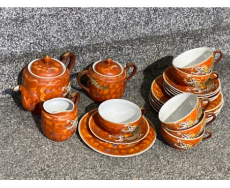 Vintage dragon ware, kutani moriage, Geisha Lithophsne orange tea set