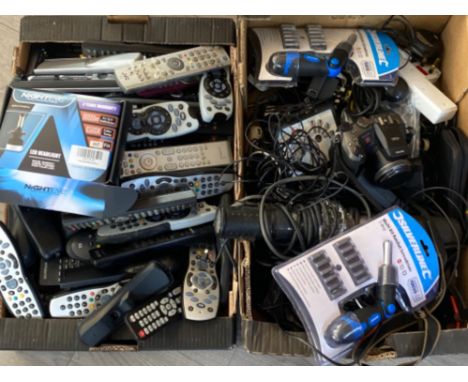 2 boxes containing multi bit screwdriver, Fujifilm camera, TV remotes etc