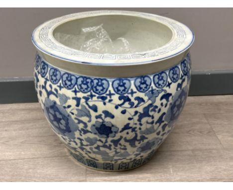 Large vintage oriental blue &amp; white porcelain fish bowl - Height 34cm x Diameter 41cm