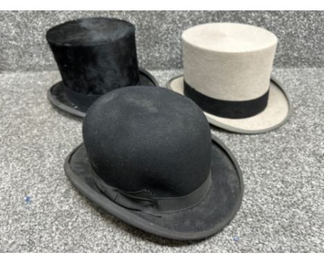 3x gentleman’s hats includes 2x top hats - Isaac Walton &amp; Co and Moss Bros Covent Garden, (Bowler hat is “Moores”)