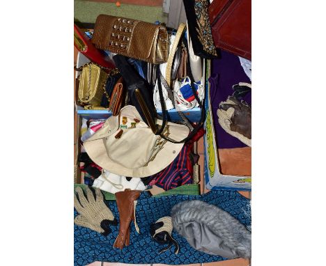 THREE BOXES OF LADIES HANDBAGS, SCARVES AND GLOVES, to include an Ayers Rock Tilley style hat with nineteen tourist  pin badg