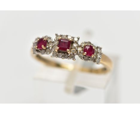 A 9CT GOLD RUBY AND DIAMOND RING, designed as three clusters, the centrally cluster set with a square cut ruby in a surround 