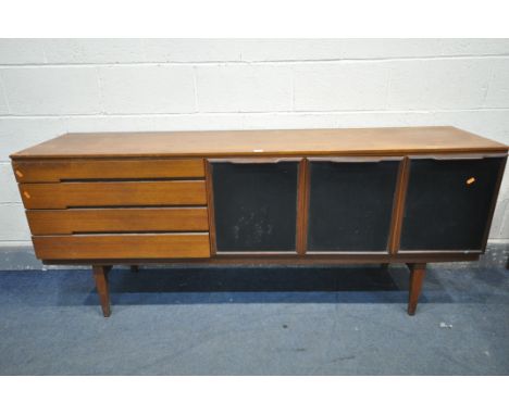 A MID-CENTURY TEAK SIDEBOARD, with four drawers, half of the top drawer with green baize lining and cutlery dividers (two mis