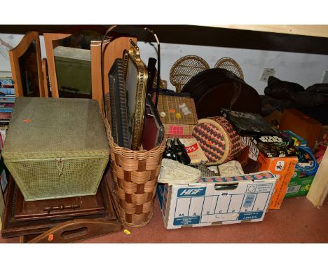 TWO BOXES AND LOOSE SUNDRIES, to include four large wooden trays, a pine framed dressing table mirror, wicker basket, a straw