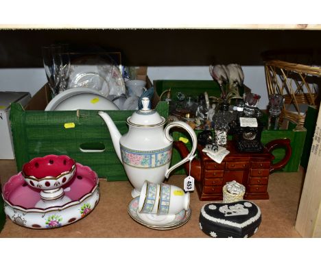 TWO BOXES OF CERAMICS AND ORNAMENTS, to include a Royal Grafton 'Sumatra' pattern coffee pot , two cups and two saucers, a la