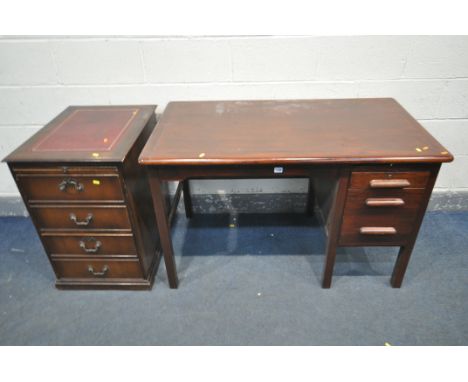 A 1940'S OAK DESK, with three drawers, width 122cm x depth 69cm x height 76cm, and a mahogany two drawer filing cabinet, with