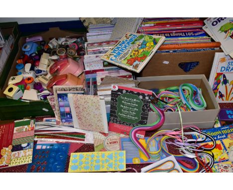SEVEN BOXES AND LOOSE CRAFT PUNCHES, PAPERS, BOOKS AND CDS, to include two boxes of craft punches including border punches, a