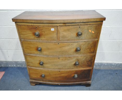 A GEORGIAN WALNUT AND CROSSBADED BOWFRONT CHEST OF TWO SHORT AND THREE LONG GRADUATED DRAWERS, on bracket feet, width 100cm x