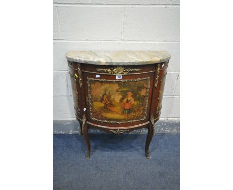 A 20TH CENTURY FRENCH LOUIS XV MAHOGANY DEMI LUNE COMMODE, with brass mounts, painted landscape to three panels, and a single