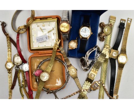 A SMITHS TRAVEL CLOCK, A SELECTION OF WRISTWATCHES AND JEWELLERY, to include a 'Smiths' travel clock with square cream dial, 