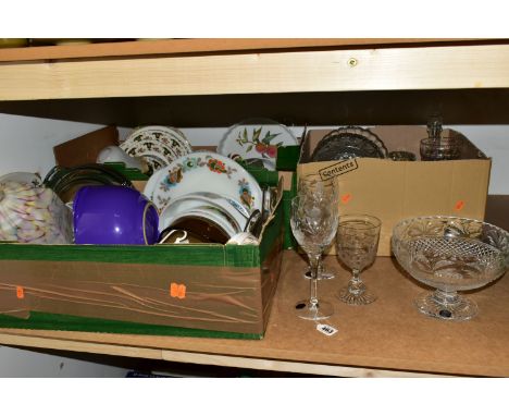 THREE BOXES OF CUT CRYSTAL, PYREX OVENWARE AND CERAMICS, to include two long stemmed Stuart Crystal Cascade design wine glass