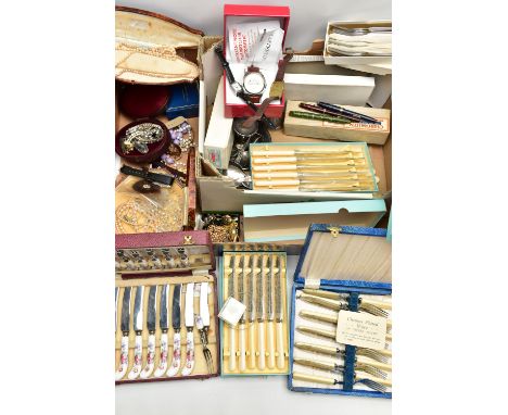 A BOX OF ASSORTED ITEMS, to include three fountain pens, each tip stamped 14k, a selection of costume jewellery, wrist watche