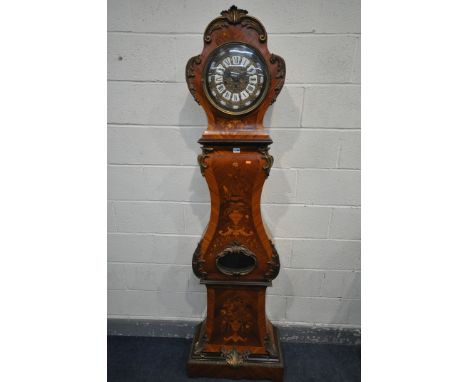 A 20TH CENTURY DUTCH BOMBE KINGWOOD AND MARQUERTY EFFECT LONG CASE CLOCK, with brassed foliate mounts, the circular domed doo