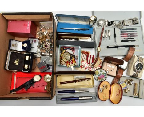 A BOX OF ASSORTED ITEMS, to include a cased 'Parker' fountain pen set including a pen, ink refills and fountain pen tips, a c