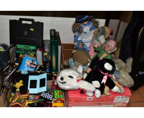 THREE BOXES OF CHILDREN'S  SOFT TOYS AND BOARD GAMES, to include a  Nintendo DS Lite in a black case, TY black cat, Leonardo 